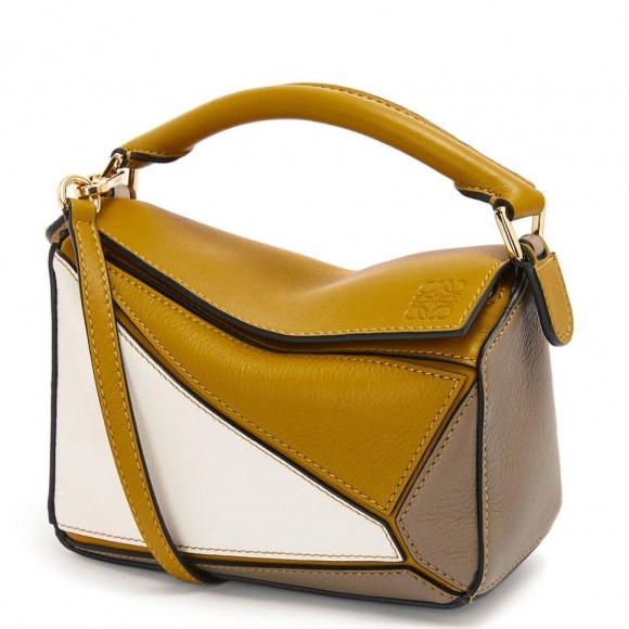 Loewe Puzzle Mini Bag In Ochre/White/Taupe Calfskin Loewe Puzzle Mini Bag In Ochre/White/Taupe Calfskin