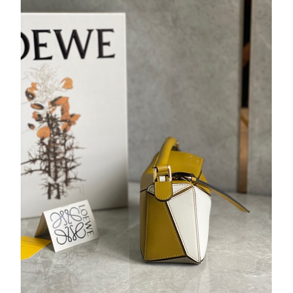 Loewe Puzzle Mini Bag In Ochre/White/Taupe Calfskin Loewe Puzzle Mini Bag In Ochre/White/Taupe Calfskin