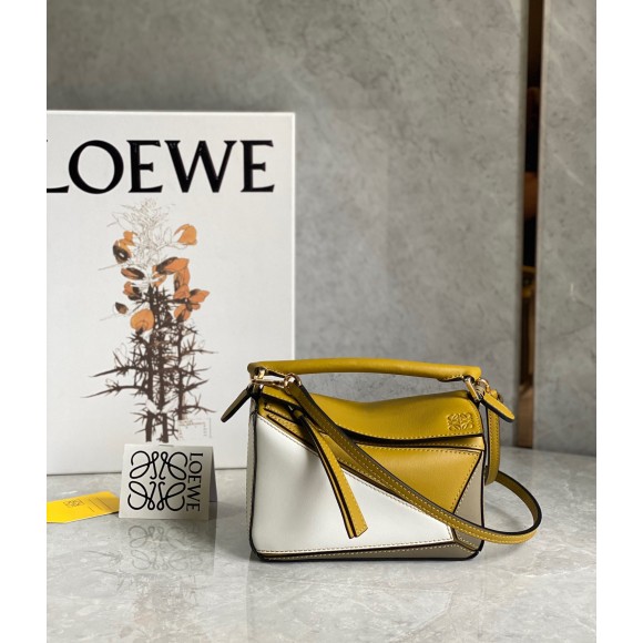 Loewe Puzzle Mini Bag In Ochre/White/Taupe Calfskin Loewe Puzzle Mini Bag In Ochre/White/Taupe Calfskin