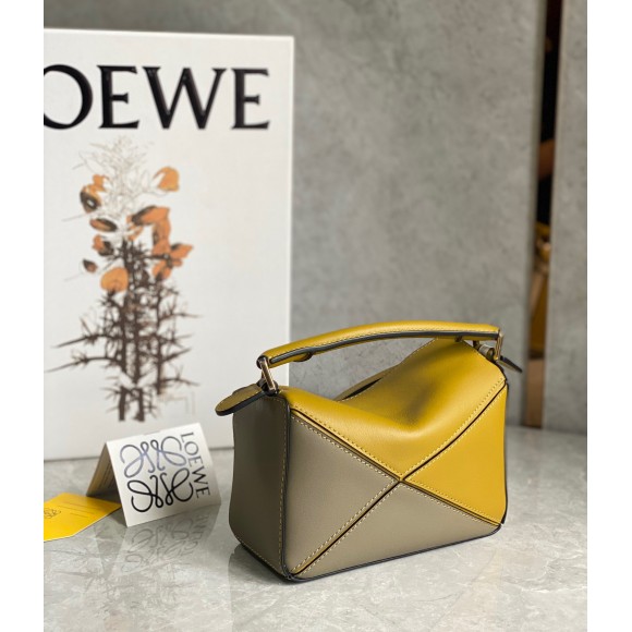 Loewe Puzzle Mini Bag In Ochre/White/Taupe Calfskin Loewe Puzzle Mini Bag In Ochre/White/Taupe Calfskin