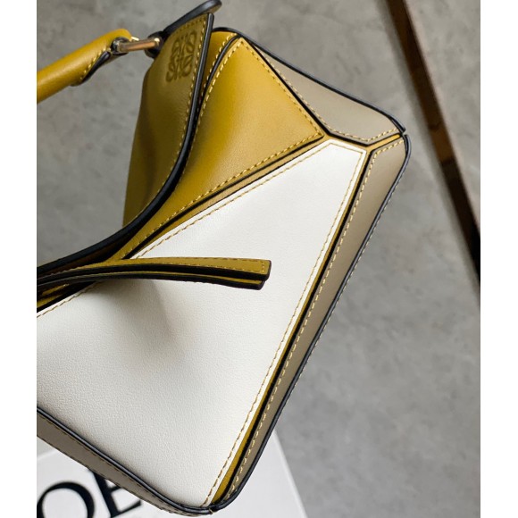 Loewe Puzzle Mini Bag In Ochre/White/Taupe Calfskin Loewe Puzzle Mini Bag In Ochre/White/Taupe Calfskin