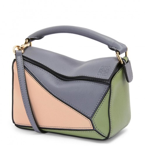 Loewe Puzzle Mini Bag In Asphalt Grey/Nude/Green Calfskin