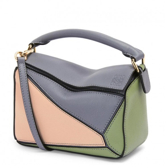 Loewe Puzzle Mini Bag In Asphalt Grey/Nude/Green Calfskin Loewe Puzzle Mini Bag In Asphalt Grey/Nude/Green Calfskin