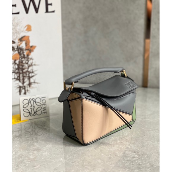 Loewe Puzzle Mini Bag In Asphalt Grey/Nude/Green Calfskin Loewe Puzzle Mini Bag In Asphalt Grey/Nude/Green Calfskin