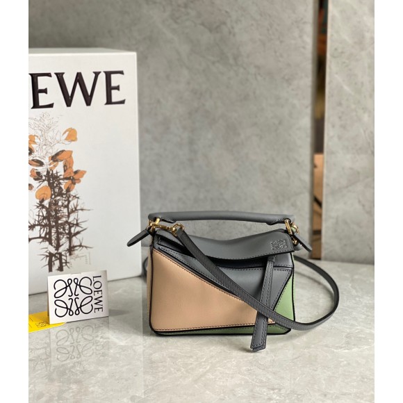 Loewe Puzzle Mini Bag In Asphalt Grey/Nude/Green Calfskin Loewe Puzzle Mini Bag In Asphalt Grey/Nude/Green Calfskin