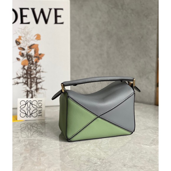 Loewe Puzzle Mini Bag In Asphalt Grey/Nude/Green Calfskin Loewe Puzzle Mini Bag In Asphalt Grey/Nude/Green Calfskin