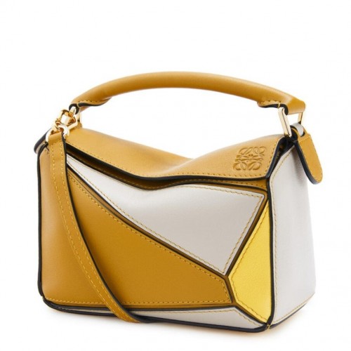 Loewe Puzzle Mini Bag In Ochre/White/Yellow Calfskin