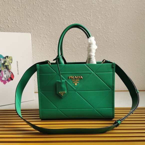 Pra*a symbole small bag with topstitching in green leather