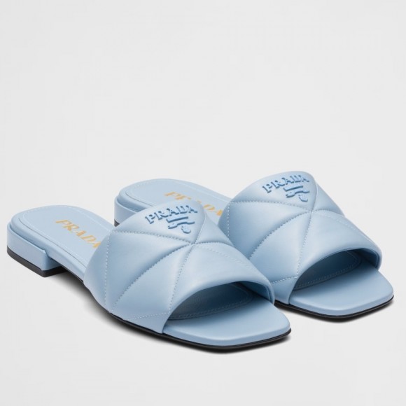 Prada Women's Slides Sandals In Light Blue Nappa Leather Prada Women's Slides Sandals In Light Blue Nappa Leather