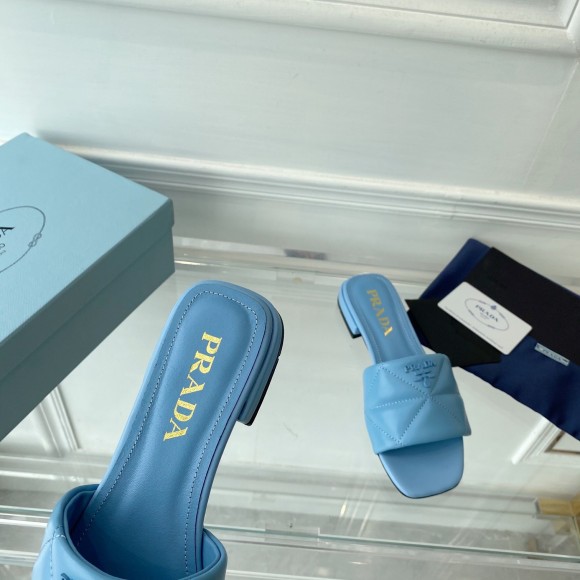 Prada Women's Slides Sandals In Light Blue Nappa Leather Prada Women's Slides Sandals In Light Blue Nappa Leather