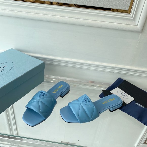 Prada Women's Slides Sandals In Light Blue Nappa Leather Prada Women's Slides Sandals In Light Blue Nappa Leather