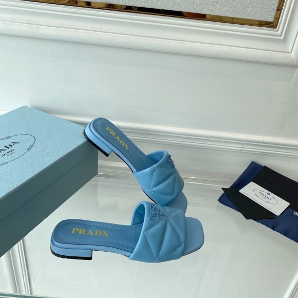 Prada Women's Slides Sandals In Light Blue Nappa Leather Prada Women's Slides Sandals In Light Blue Nappa Leather