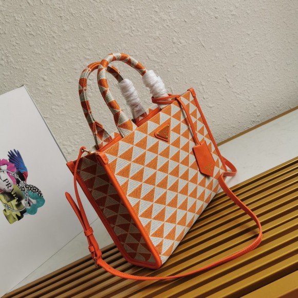 Pra*a symbole small bag in orange/white jacquard fabric