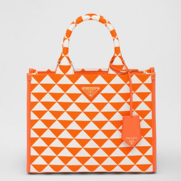 Pra*a symbole small bag in orange/white jacquard fabric