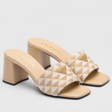 Prada Heeled Slide Sandals 65mm in Beige and White Fabric Prada Heeled Slide Sandals 65mm in Beige and White Fabric