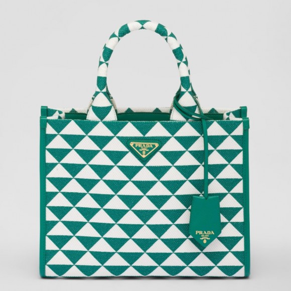 Pra*a symbole small bag in green/white jacquard fabric