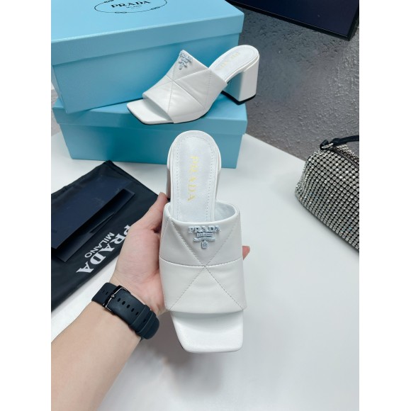 Prada Heeled Slide Sandals 65mm In White Nappa Leather Prada Heeled Slide Sandals 65mm In White Nappa Leather