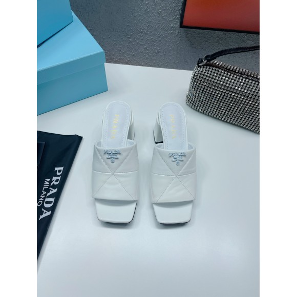 Prada Heeled Slide Sandals 65mm In White Nappa Leather Prada Heeled Slide Sandals 65mm In White Nappa Leather