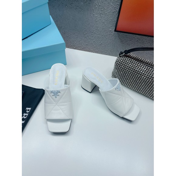 Prada Heeled Slide Sandals 65mm In White Nappa Leather Prada Heeled Slide Sandals 65mm In White Nappa Leather