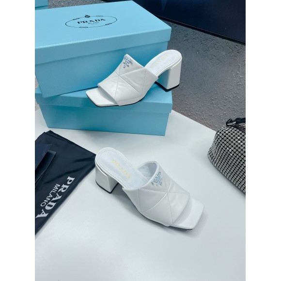 Prada Heeled Slide Sandals 65mm In White Nappa Leather Prada Heeled Slide Sandals 65mm In White Nappa Leather