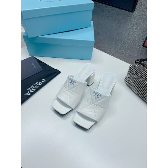 Prada Heeled Slide Sandals 65mm In White Nappa Leather Prada Heeled Slide Sandals 65mm In White Nappa Leather