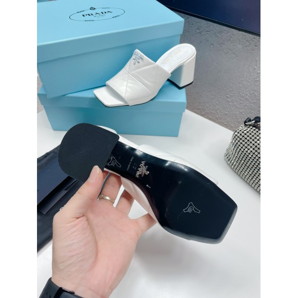 Prada Heeled Slide Sandals 65mm In White Nappa Leather Prada Heeled Slide Sandals 65mm In White Nappa Leather