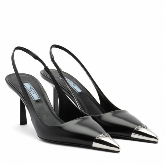 Prada Slingback Pumps 75MM In Black Brushed Leather Prada Slingback Pumps 75MM In Black Brushed Leather