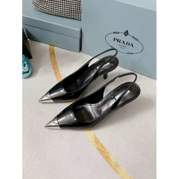 Prada Slingback Pumps 75MM In Black Brushed Leather Prada Slingback Pumps 75MM In Black Brushed Leather