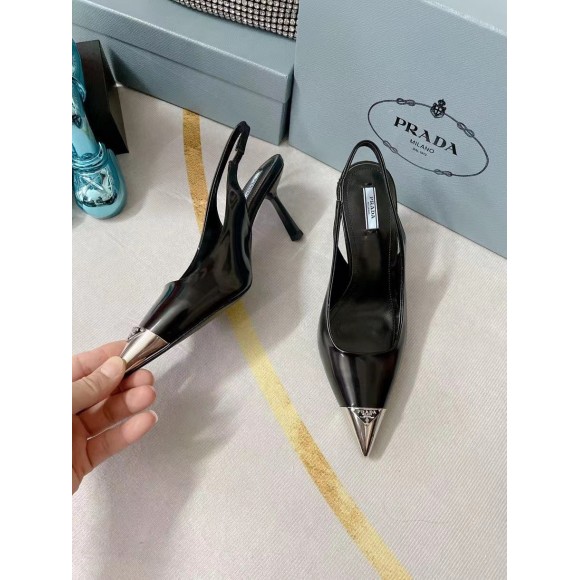 Prada Slingback Pumps 75MM In Black Brushed Leather Prada Slingback Pumps 75MM In Black Brushed Leather