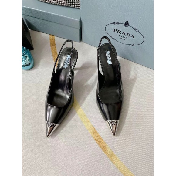 Prada Slingback Pumps 75MM In Black Brushed Leather Prada Slingback Pumps 75MM In Black Brushed Leather