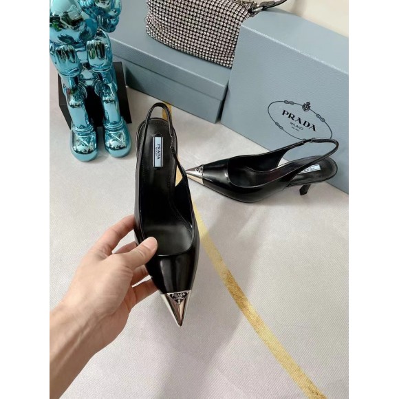 Prada Slingback Pumps 75MM In Black Brushed Leather Prada Slingback Pumps 75MM In Black Brushed Leather