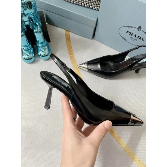 Prada Slingback Pumps 75MM In Black Brushed Leather Prada Slingback Pumps 75MM In Black Brushed Leather