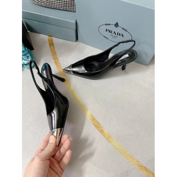 Prada Slingback Pumps 75MM In Black Brushed Leather Prada Slingback Pumps 75MM In Black Brushed Leather