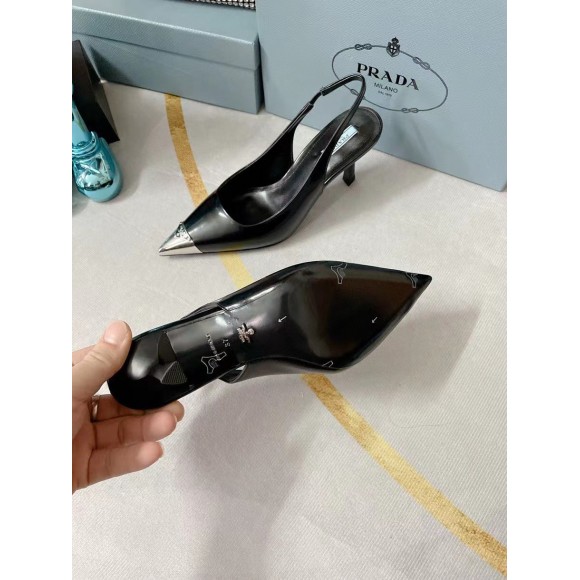 Prada Slingback Pumps 75MM In Black Brushed Leather Prada Slingback Pumps 75MM In Black Brushed Leather