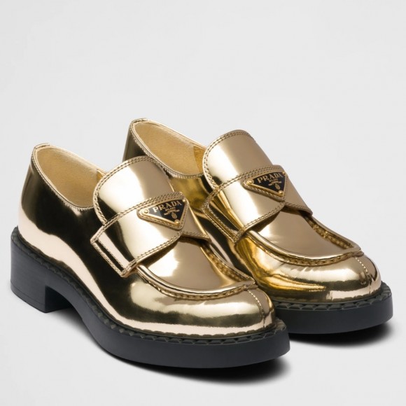 Prada Women's Loafers In Gold Metallic Leather Prada Women's Loafers In Gold Metallic Leather