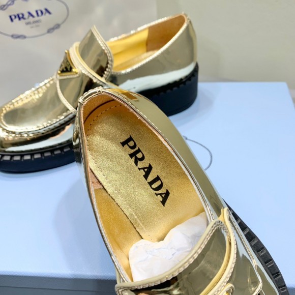 Prada Women's Loafers In Gold Metallic Leather Prada Women's Loafers In Gold Metallic Leather