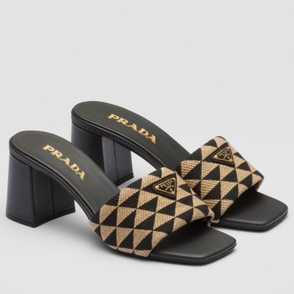 Prada Heeled Slide Sandals 65mm in Black and Beige Fabric Prada Heeled Slide Sandals 65mm in Black and Beige Fabric