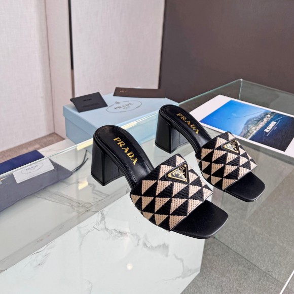 Prada Heeled Slide Sandals 65mm in Black and Beige Fabric Prada Heeled Slide Sandals 65mm in Black and Beige Fabric