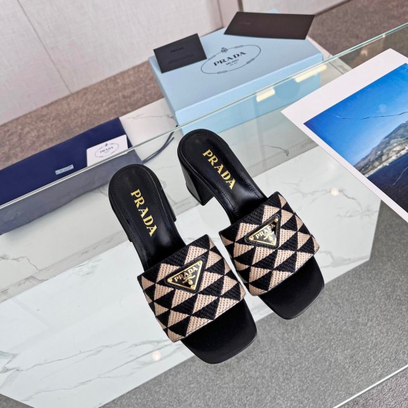 Prada Heeled Slide Sandals 65mm in Black and Beige Fabric Prada Heeled Slide Sandals 65mm in Black and Beige Fabric