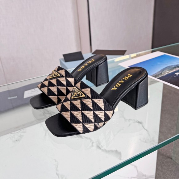 Prada Heeled Slide Sandals 65mm in Black and Beige Fabric Prada Heeled Slide Sandals 65mm in Black and Beige Fabric