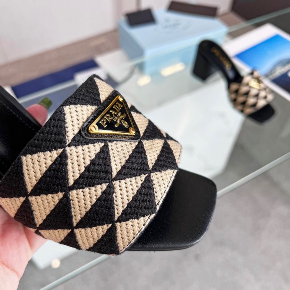 Prada Heeled Slide Sandals 65mm in Black and Beige Fabric Prada Heeled Slide Sandals 65mm in Black and Beige Fabric