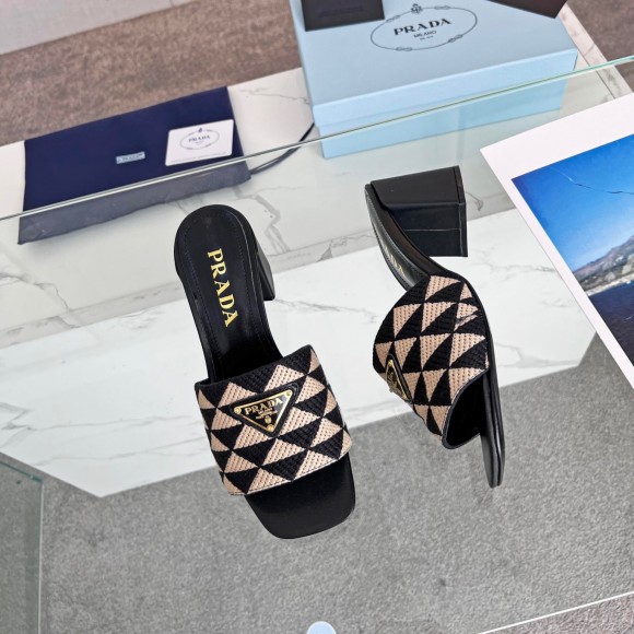 Prada Heeled Slide Sandals 65mm in Black and Beige Fabric Prada Heeled Slide Sandals 65mm in Black and Beige Fabric