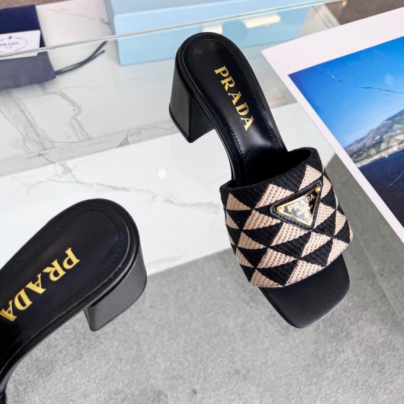 Prada Heeled Slide Sandals 65mm in Black and Beige Fabric Prada Heeled Slide Sandals 65mm in Black and Beige Fabric