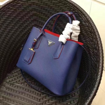 Prada Double Medium Tote Bag In Blue Saffiano Leather Prada Double Medium Tote Bag In Blue Saffiano Leather