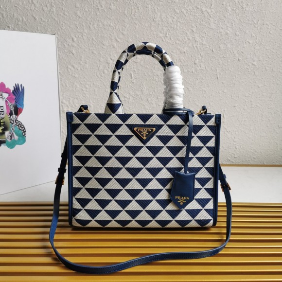 Pra*a symbole small bag in white/blue jjacquard fabric