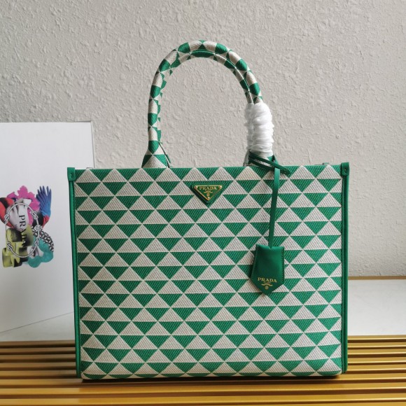 Pra*a symbole large bag in green/white jacquard fabric