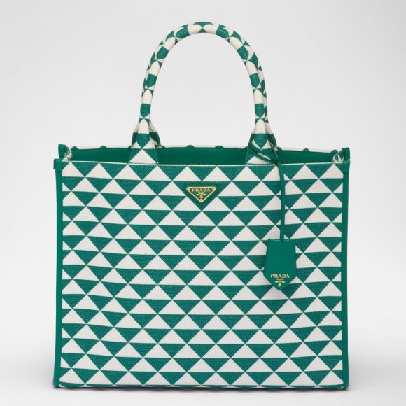 Pra*a symbole large bag in green/white jacquard fabric