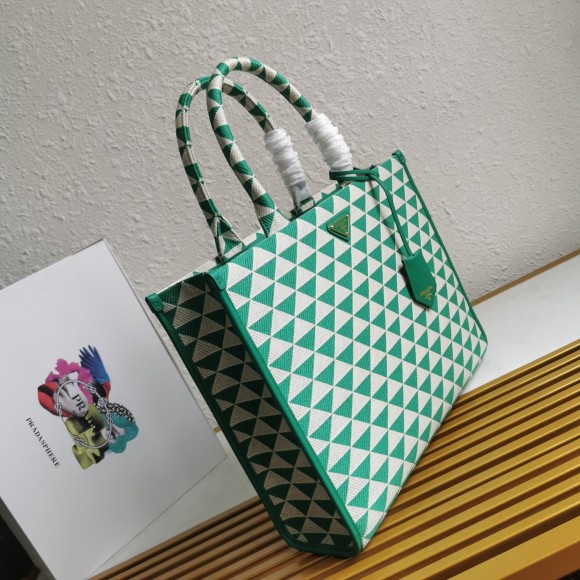 Pra*a symbole large bag in green/white jacquard fabric