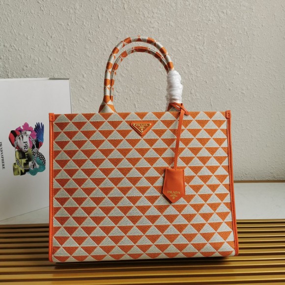 Pra*a symbole large bag in orange/white jacquard fabric