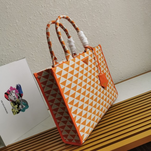 Pra*a symbole large bag in orange/white jacquard fabric